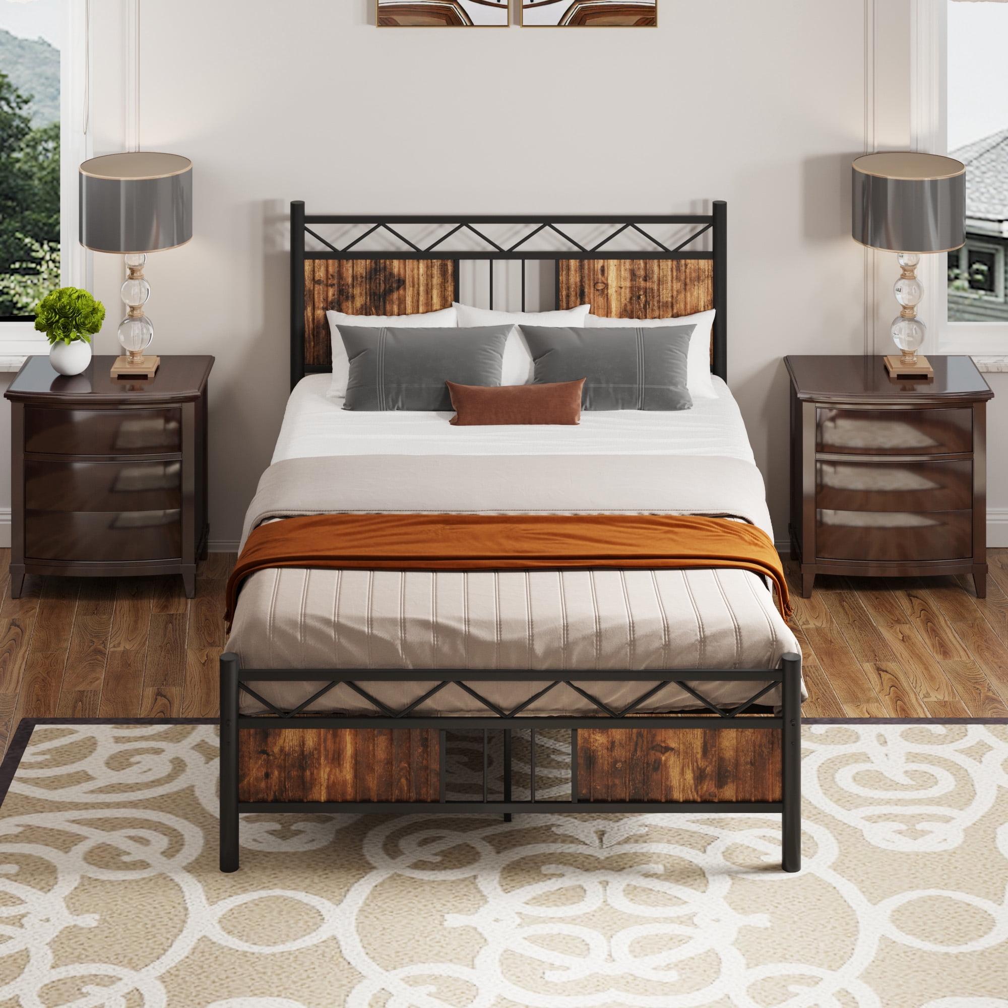 DEXTRUS Industrial Full Size Platform Metal Bed Frame with Headboard & Soundproof, Black and Brown