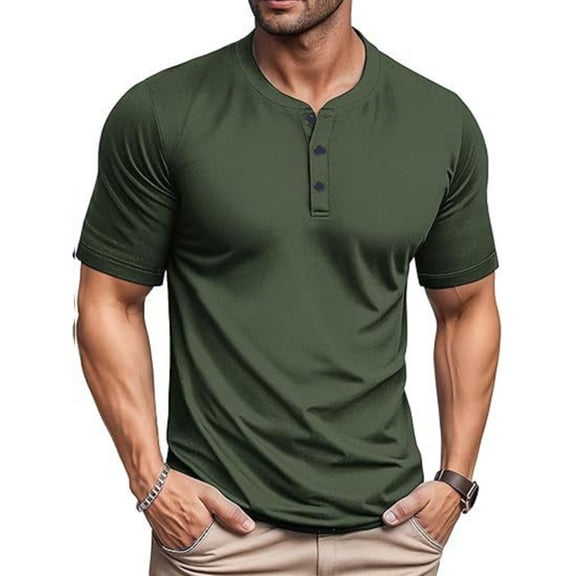 Domuza Men's Henley Shirts Short Sleeve Casual Basic Tee Summer Button Henley Solid T Shirts Army Green L