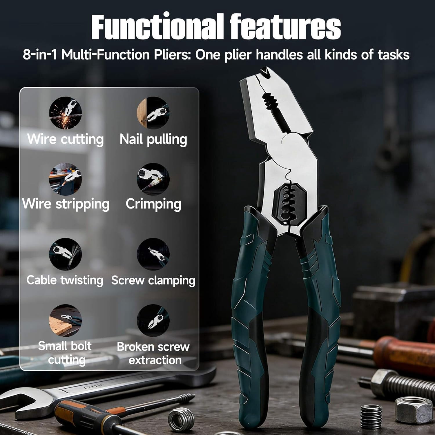 Industrial-Grade Multi-function Cutting Pliers, High-Leverage 8-in-1 Pliers with Nail Puller, Heavy-Duty Wire Cutters & Wire Stripper for Electrician Tools, Lineman, Ironworker & Hand Tools