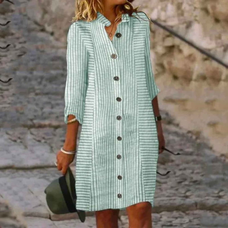 Hwmodou Female Dresses Elegant Women Fashion Versatile Striped Print Button Dress Casual Loose Shirt Dress Office Work Sundress For Woman Homwear Summer Dresses - Walmart.com Hwmodou Female Dresses Elegant Women Fashion Versatile Striped Print Button Dress Casual Loose Shirt Dress Office Work Sundress For Woman Homwear Summer Dresses - Walmart.com
