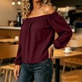 thumbnail image 6 of Tqcoqu Women's Off Shoulder Long Sleeve Cotton Linen Blouse, Elastic Ruffle Neckline Puff Sleeve Casual Solid Top, 6 of 7