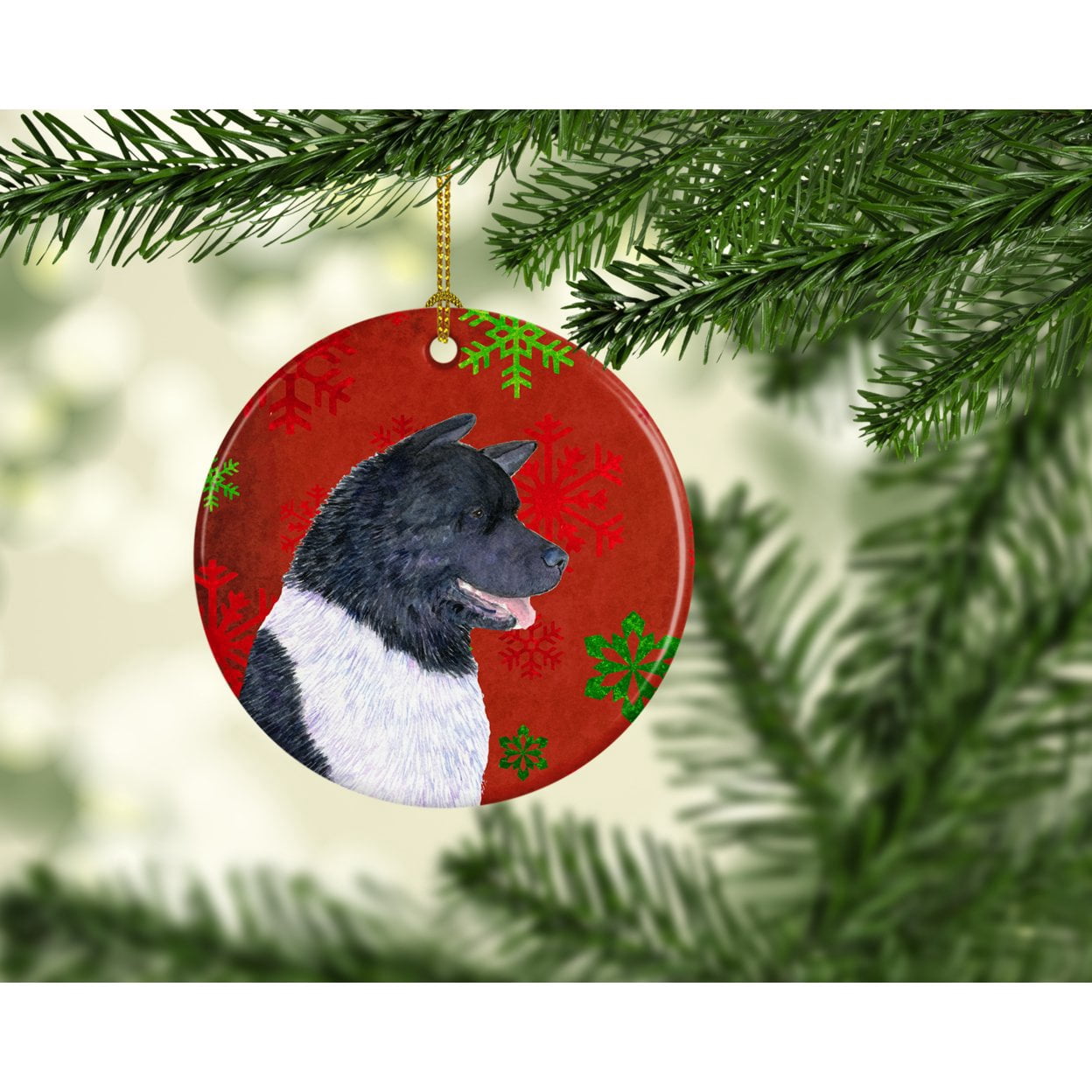 Carolines Treasures SS4728-CO1 Akita Red Snowflakes Holiday Christmas Ceramic Ornament, Multicolor