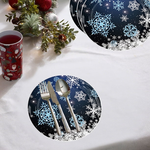 Juego de platos y servilletas con diseño de copos de nieve | Vajilla desechable para fiestas de invierno