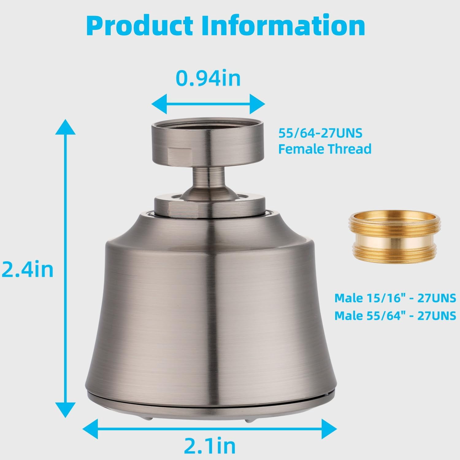 Kitchen Sink Faucet Head, Swivel 360 Degree Faucet Sprayer Head with 4 Spray Modes, Big Angle Faucet Aerator Adapter Fits Female 55/64“ Male 15/16" for Bathroom/Kitchen/Rvs, Brushed Nickel