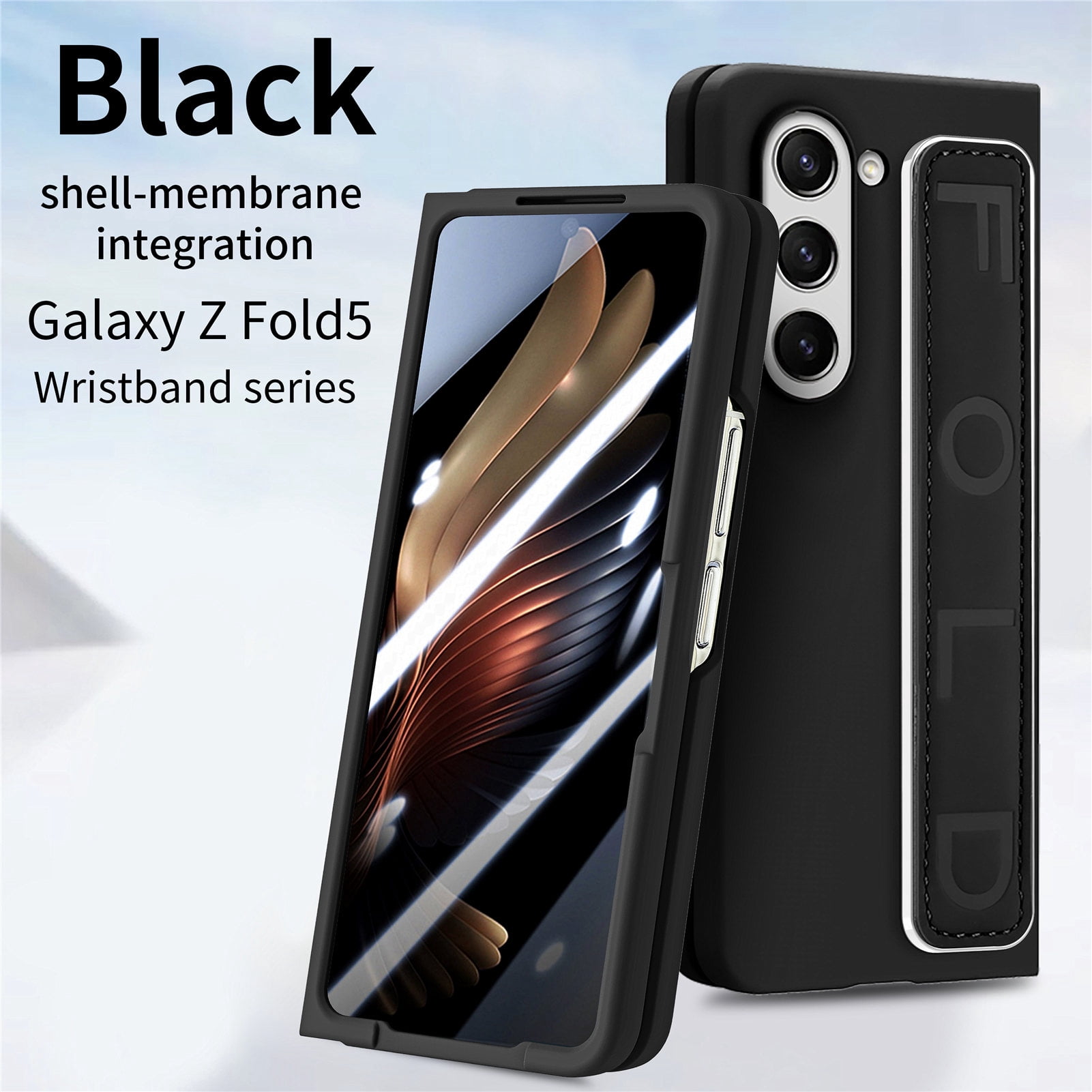 for Samsung Galaxy Z Fold 5 Case with Strap, [Non Slip Silicone Touch] Slim Protective Phone Case with Elastic Finger Wristband, Shockproof PC Cover for Samsung Galaxy Z Fold 5 2023 - Black
