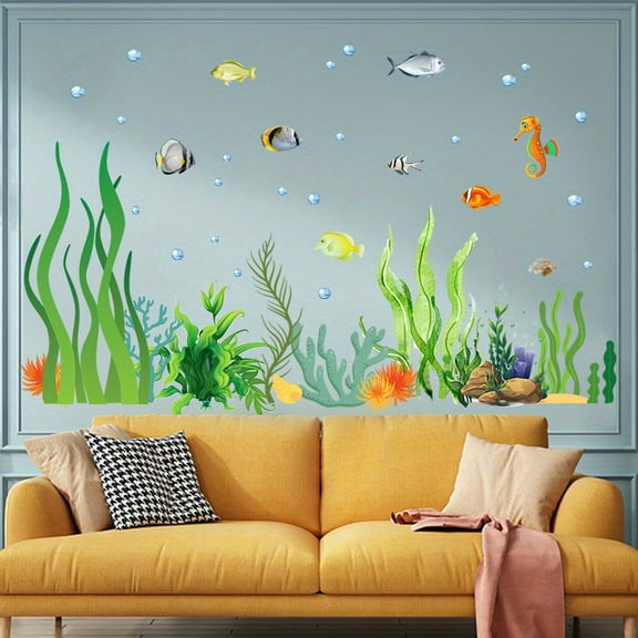 Undersea Fish Coral Grass Wall Decal - Retro PVC Removable Wallpaper with Vibrant Marine Life Design for Bedroom & Living Room Decor, Easy Peel & Stick Ocean Theme Home Decoration
