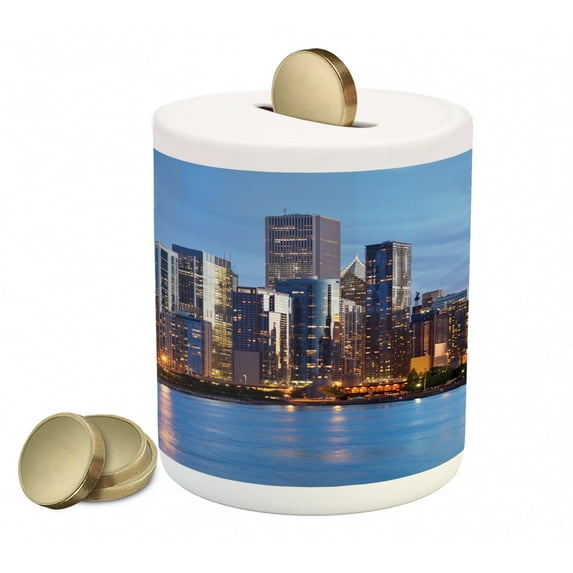 Chicago Skyline Piggy Bank, Sunset in Big City with Dramatic Sky Skyscrapers Evening by Lake, Ceramic Coin Bank Money Box for Cash Saving, 3.6" X 3.2", Blue Orange Taupe, by Ambesonne