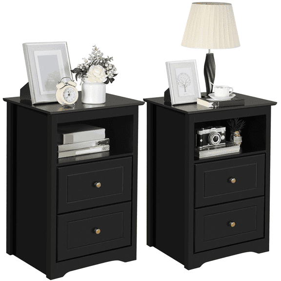 Yaheetech Nightstands with 2 Drawers & Open Shelf, Wooden Bedside Tables for Bedroom,Set of 2, Black