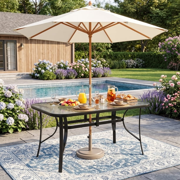 long patio table with umbrella hole Flash Furniture 27.5 x 47.25 in. Tory Commercial Grade Rectangular Tempered Glass Top with & Steel Tube Frame Black or parties 7-Piece Patio Table and Chairs