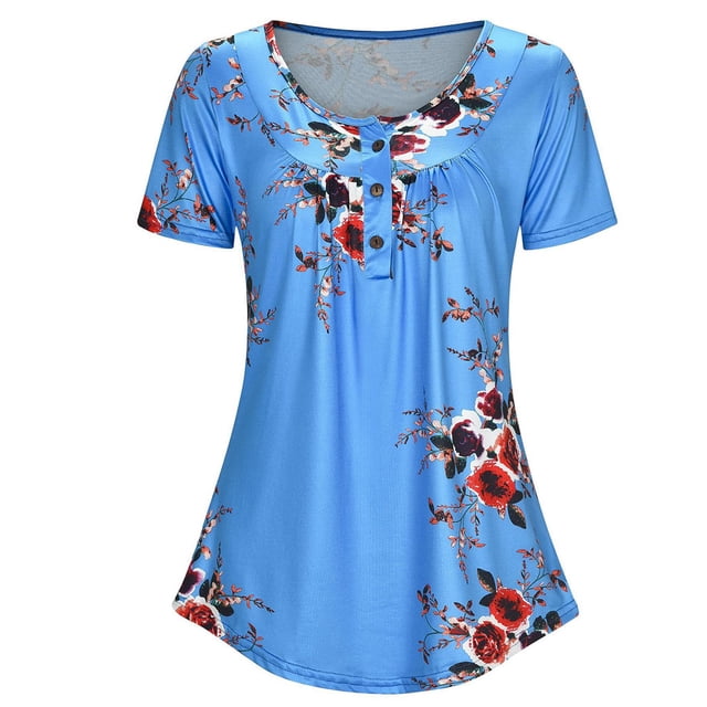 Camiseta estampada Mujer Verano Cuello redondo Blusa de manga corta Top suelto, Azul, XL Vogacara AP001352-24