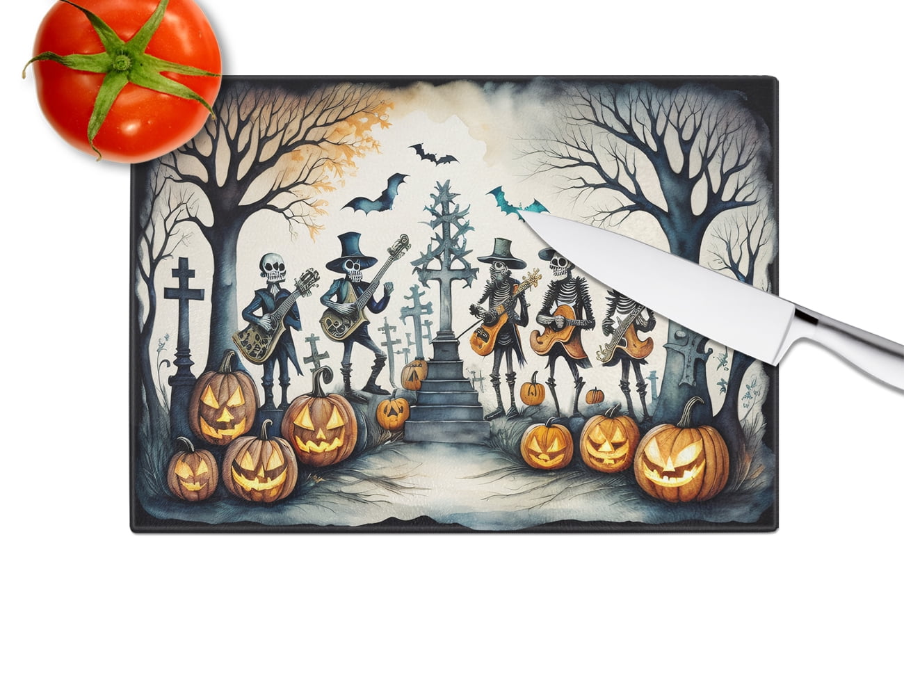 Mariachi Skeleton Band Spooky Halloween Glass Cutting Board Large 12 in x 15 in