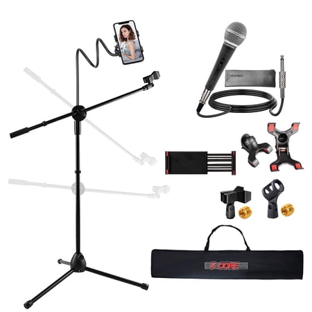 Adjustable Mic Stand with Phone & Tablet Holder - Heavy Duty 360° Gooseneck Boom Arm, Collapsible Tripod w/ 2 Mic Clips & Carry Bag for Streaming, Karaoke, Studios