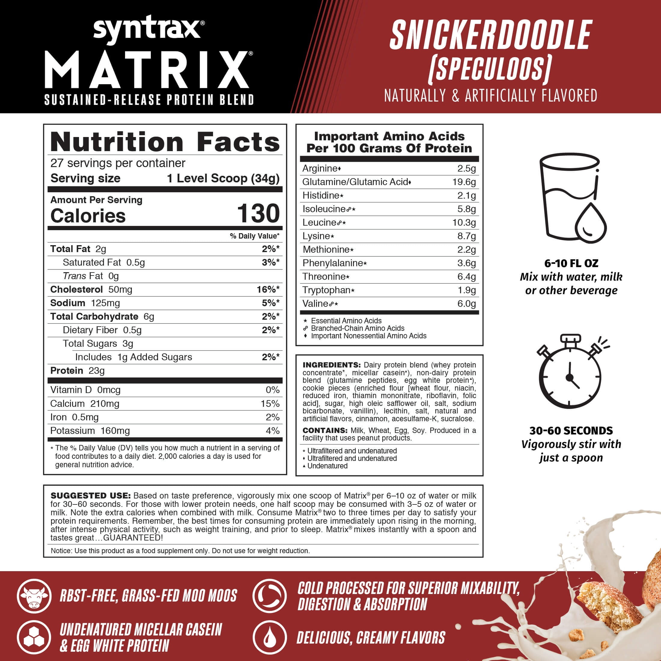 Syntrax Matrix Snickerdoodle Sustained‑Release Protein Powder Blend 2 lb with Real Cookie Pieces