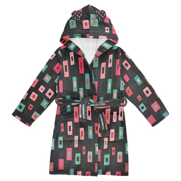 FORMRS Niños Bathrobe Unisex Hooded Robe Soft Plush Pajamas Sleepwear, Size 2-3T, Red Block Pattern