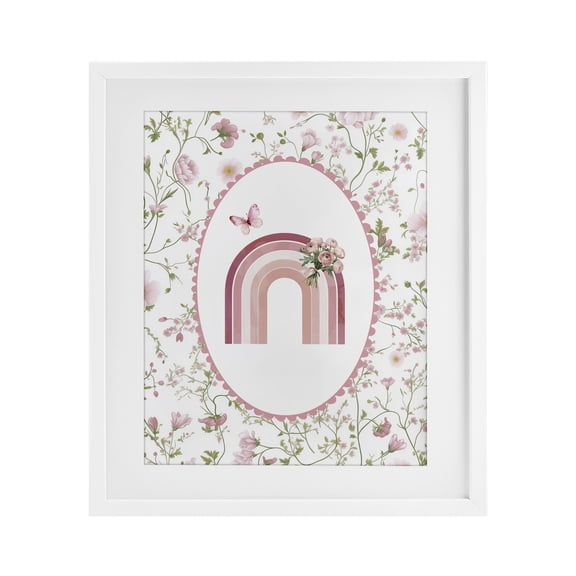 Delicate Florals & Rainbow White Framed Print Under Glass, design by Christine Simpson Art