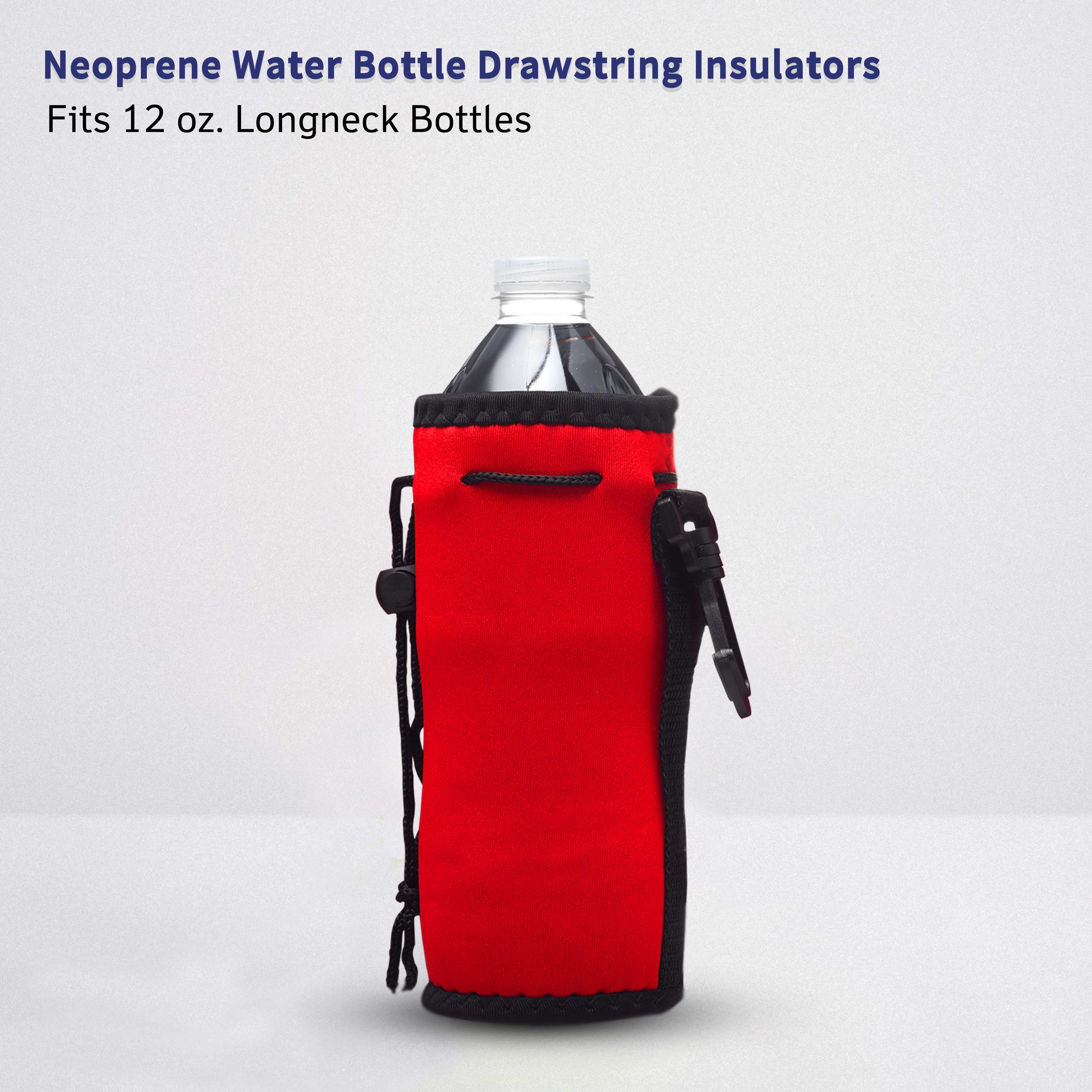 10 Neoprene Water Bottle Drawstring Insulators Pack - 12 oz. Longneck, Hook - Red