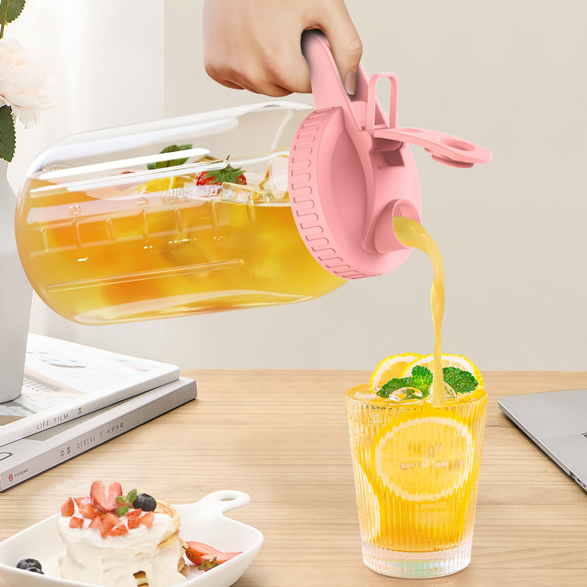 GPED 64oz Glass Mason Jar Pitcher with Lid, Pink photo 7