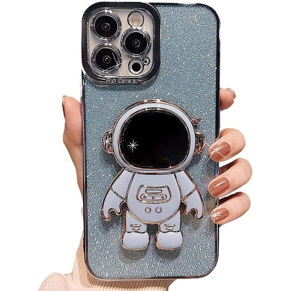 Clear Glitter Case for iPhone 13 Pro Max Case,Luxury Cute Flexible Bling Sparkly Case with Cute 6D Plating Astronaut Hidden Stand Case Cover Design for Women Girls-Light Blue
