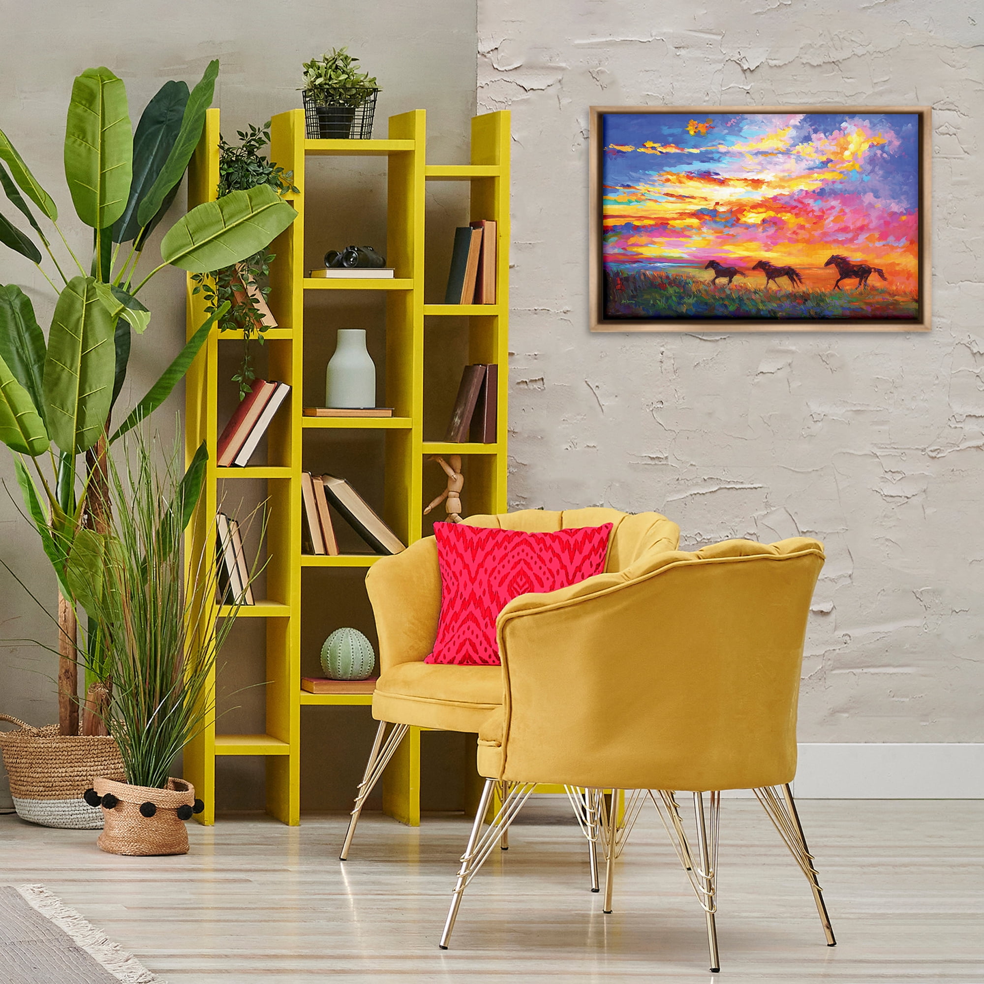 Stupell Industries Wild Horses at Sunset Landscape & Nature Painting Brown Floater Framed Canvas Art Print Wall Art, 25 x 17