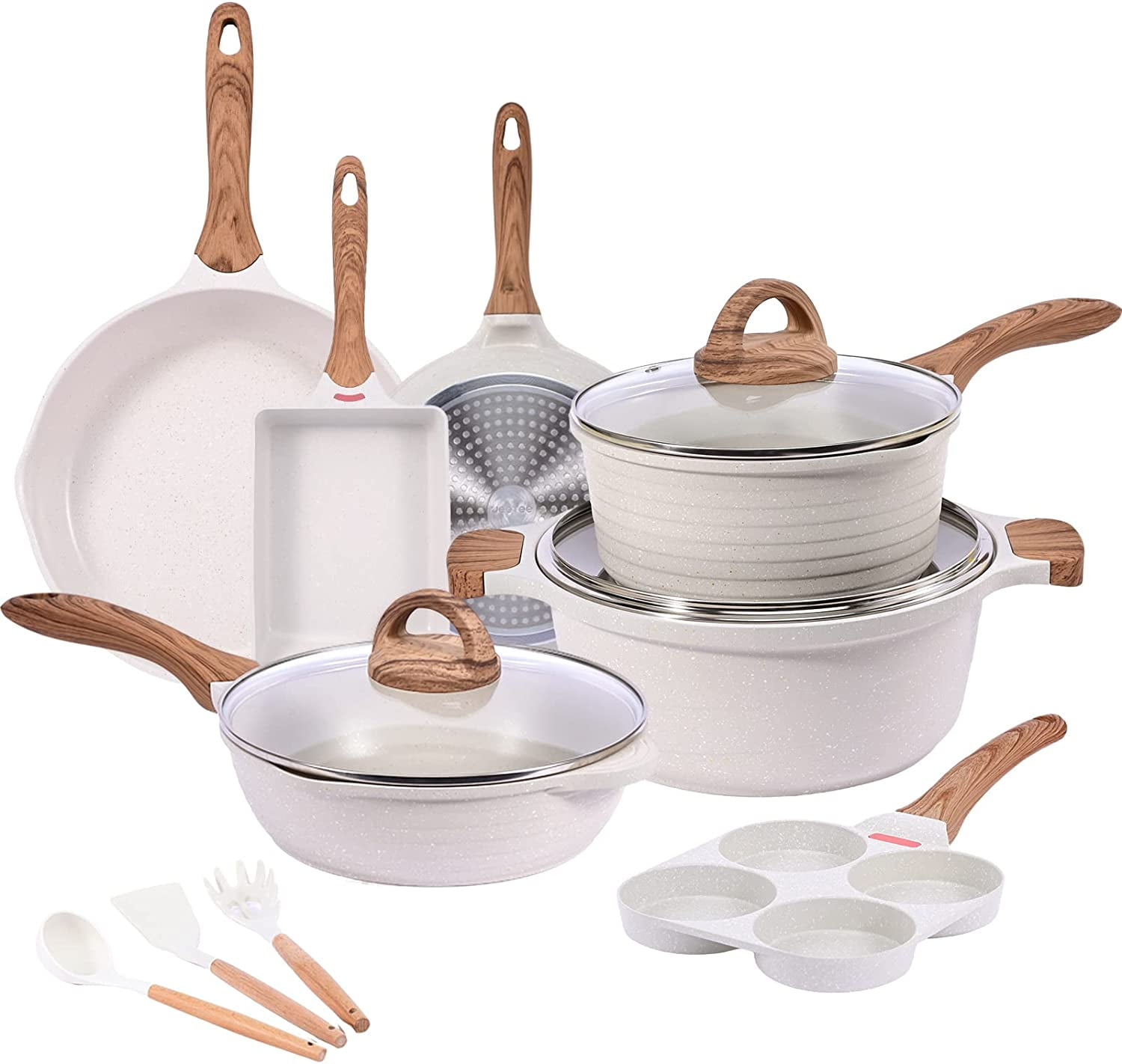 JEETEE 23pcs Pots and Pans Set Nonstick, White Granite Coating Cookware  Sets for Kitchen, w/Frying Pan, Saucepan, Sauté Pan, Griddle Pan, Crepe  Pan