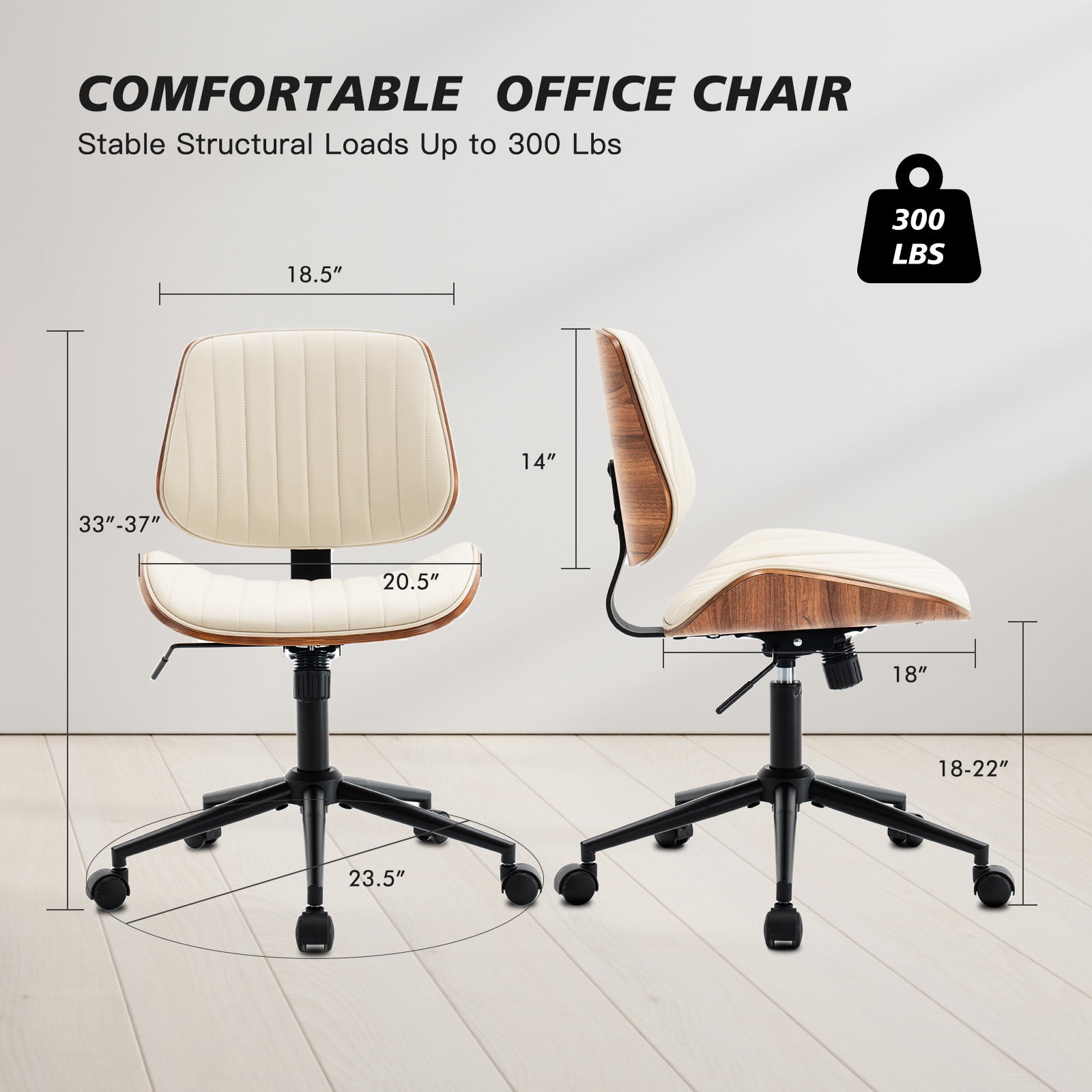 Rongbuk Home Office Chair, PU Leather Comfy Office Desk Chair with Wheels, Adjustable 360° Swivel Ergonomic Computer Chair, Armless Modern Vanity Chair Walnut Chair for Home Office, Beige