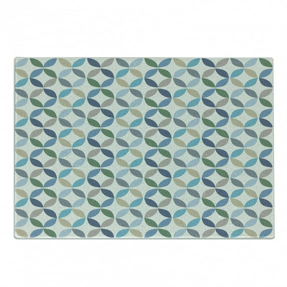 Geometric Circle Cutting Board, Pastel Color Effects Oval Point Old Linked Stripes Contrast New Band, Decorative Tempered Glass Cutting and Serving Board, Small Size, Pale Blue Green, by Ambesonne