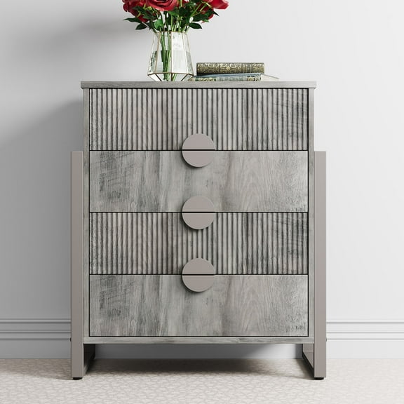 Dressers for Bedroom, 4 Drawers Fluted Dresser with Metal Handles, Modern Chest of Drawers Storage Cabinet for Living Room, Gray