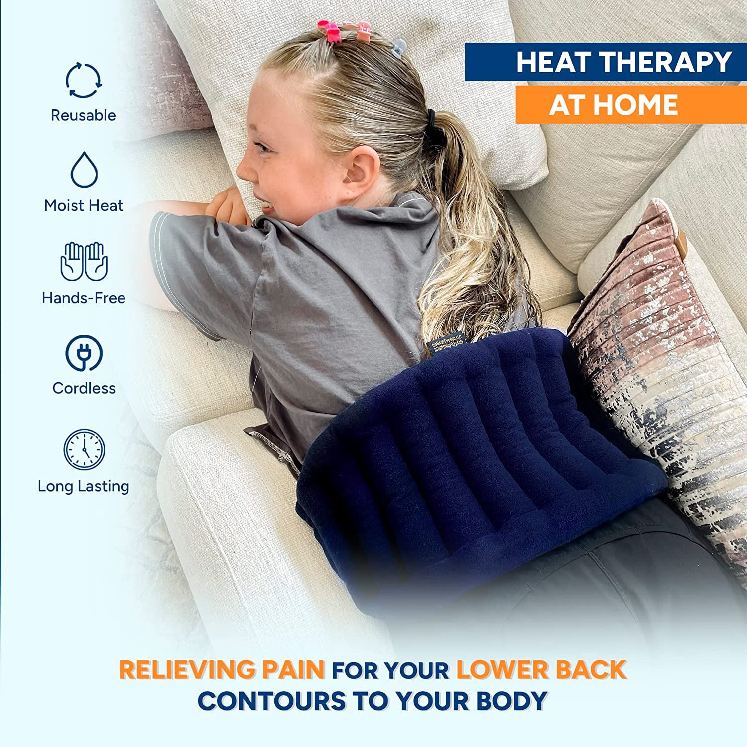 SunnyBay Microwave Heating Pad 10x18 Inches Large Heating Area with Fastening Straps 58 Inches, Microwavable Moist Hot or Cool Bean Bag Wrap for Neck, Shoulder, Knee, or Back Pain, 2.8 Lbs, Navy Blue