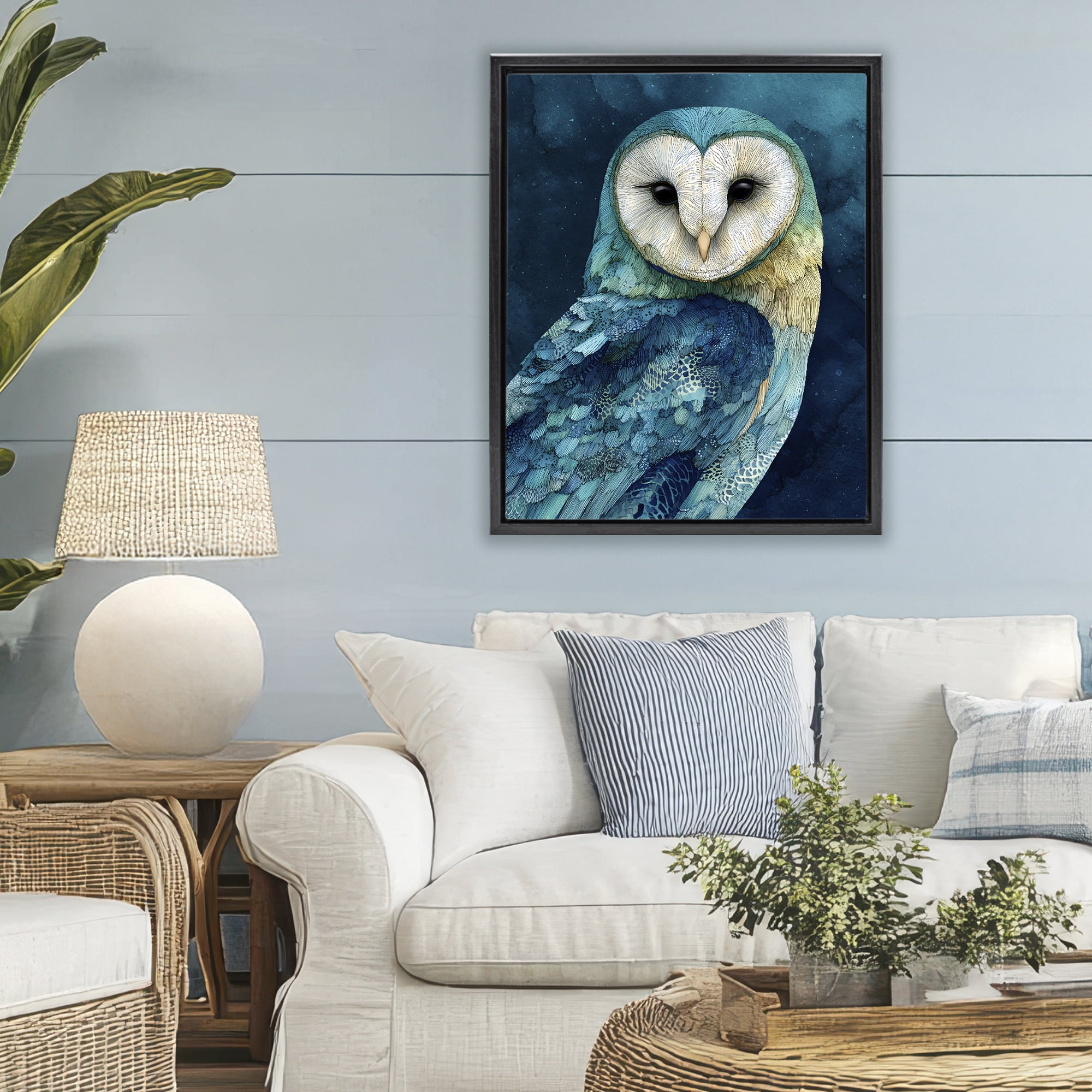Stupell Industries Cerulean Blue Owl Black Framed Floater Canvas Wall Art, design by Franklyn Gregory