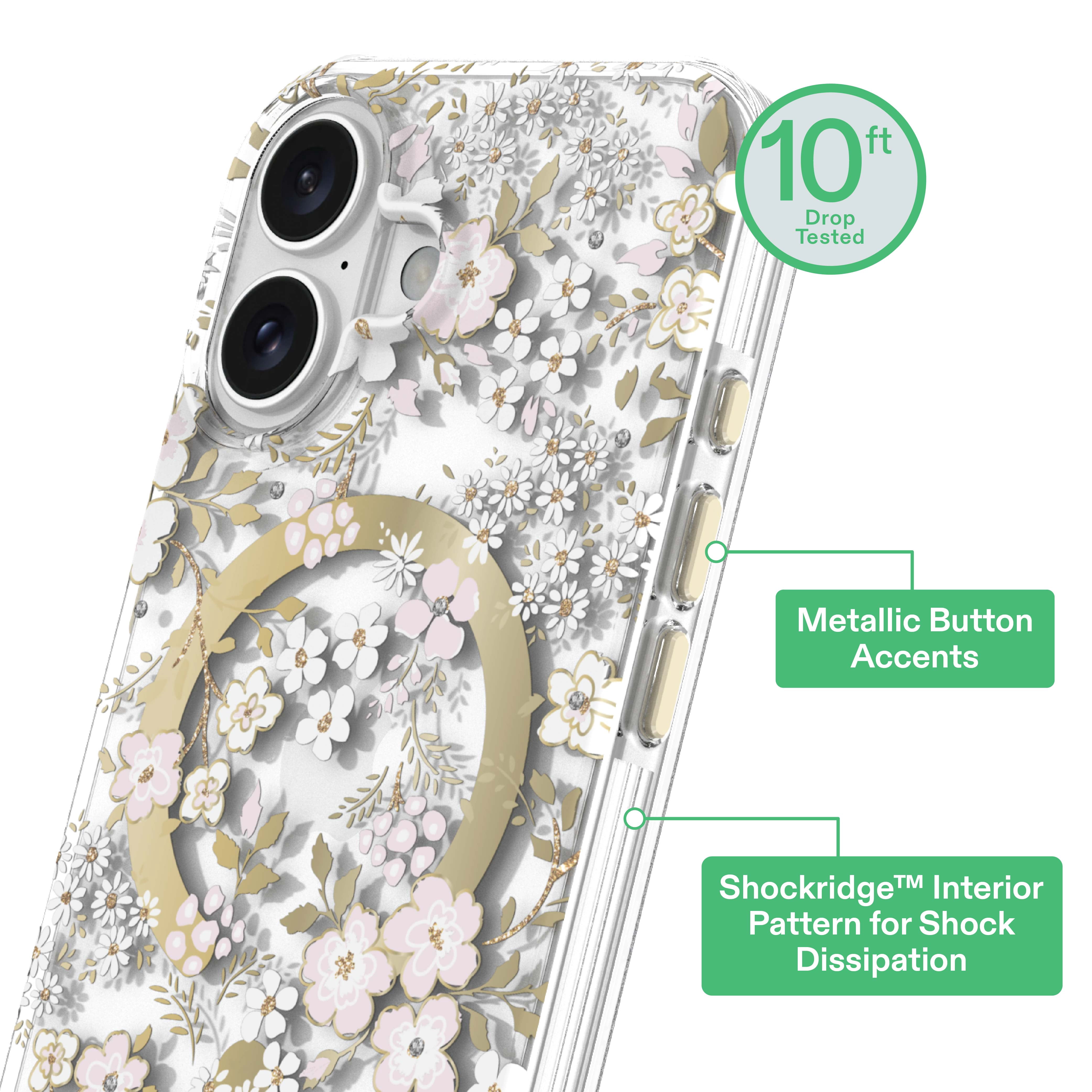 onn Phone Case for iPhone 17, MagSafe Compatible - Pink & White Floral with Gems