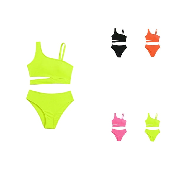 Girls Two Piece Swimsuit – Solid Color Tankini Bikini with Cute Hawaiian Flower Print, Color Block Swim Top for Summer Beach Play