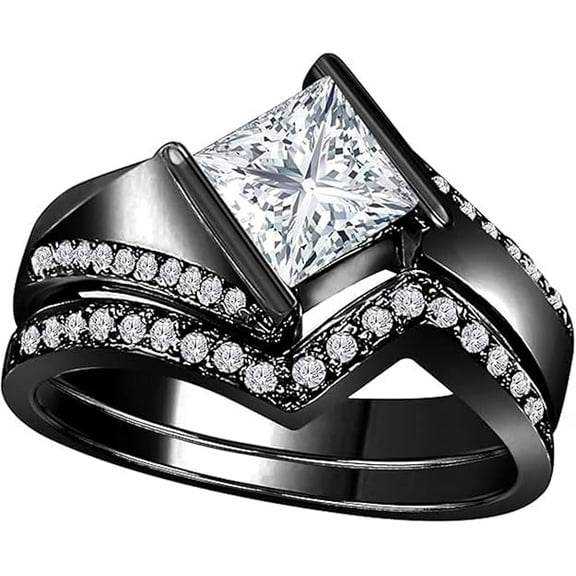 Divine Creation 1.50 Ct Princess Cut White Diamond Wedding Engagement Bridal Ring Set 14K Black Gold Plated 925 Sterling Silver For Women's -7