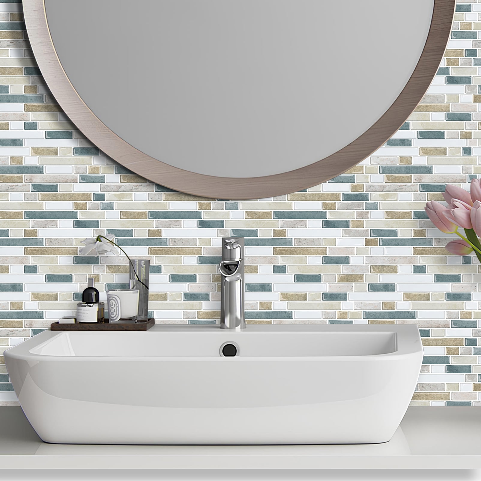 DEWOO Thick Kitchen Peel and Stick Tile Backsplash, Stick on Wall Tiles, 12"x12" Self Adhesive Sticky 3D Wall Marble Tiles Bathroom (10-Sheet，Light Brown)