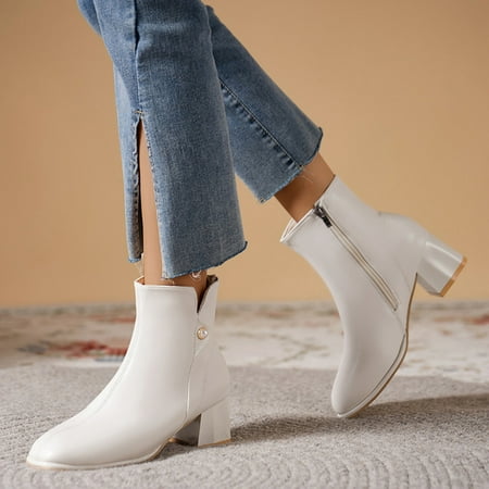 

ERTUTUYI Ladies Shoes Autumn Fashion Boots Round Toe Heel Pearl Side Zipper Short Boots White 39