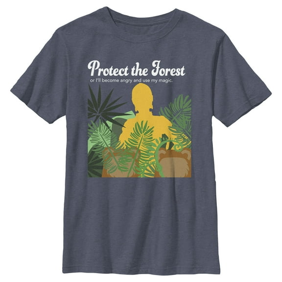 Boy's Star Wars Protect the Forest or Else I Will Use My Magic, C-3PO  Graphic Tee Navy Blue Heather Medium