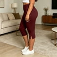 thumbnail image 6 of BVnarty women capri slim fit leggings high rise stretch waist side button split hem solid print tight cropped pant caf茅 daily wear Wine L, 6 of 8
