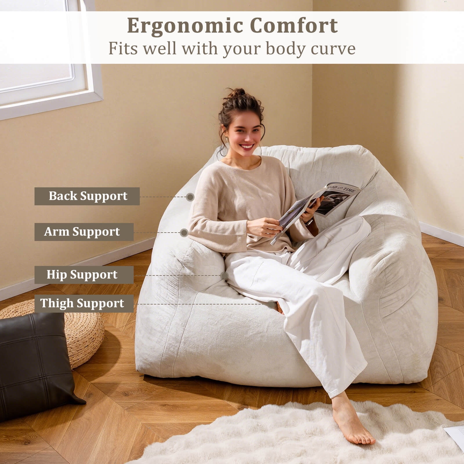 Costway Bean Bag Chair for Adults Plush Lazy Sofa with Ultra-soft Velvet Cover Beige