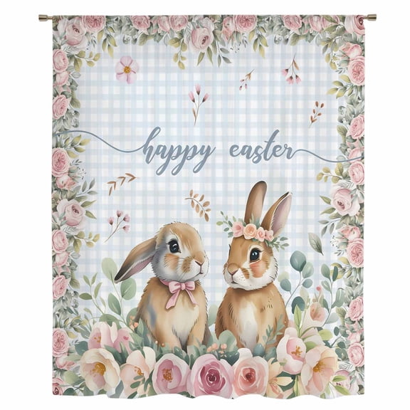 Easter Bunny Floral Sheer Curtains 108" Extra Long, Spring Flowers Checkered Watercolor Light Filering Curtains, Privacy Drapes Simi Floor to Veiling Curtain for Living Room Large Window Treatment