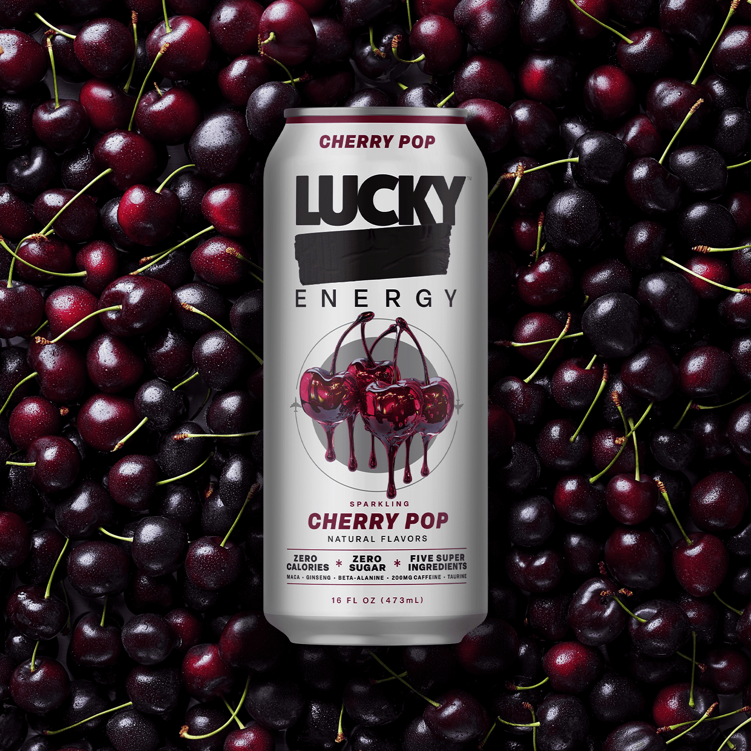 Lucky Energy Sugar Free Energy Drinks 16 fl oz Can, Cherry Pop with Maca, Ginseng, Taurine, Beta-Alanine, 200mg Caffeine, Zero Calories