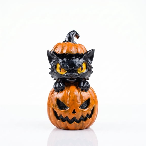 Fzsteel Clearance Halloween Resin Black Cat Pumpkin Figurine Spooky Desktop Ornament Tabletop Statue Creepy Animal Shelf Home Party Decor Display