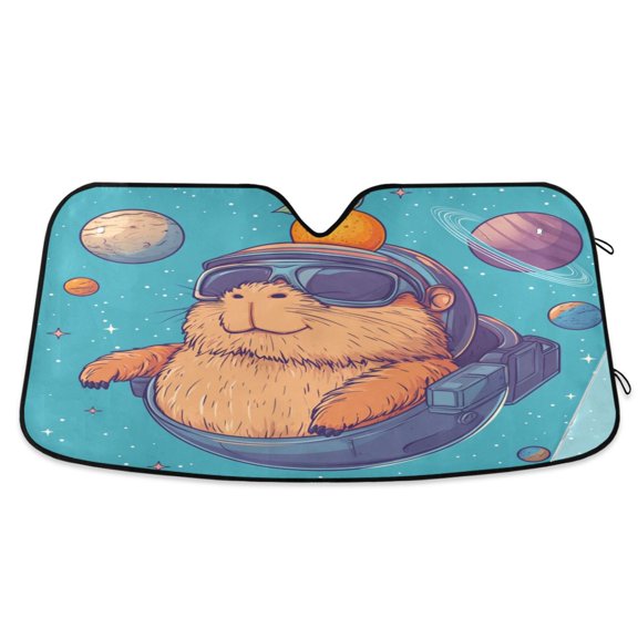 Qxltty Space Capybara Car Windshield Sunshades Foldable UV Rays Sun Visor Protector Keep Your Vehicle Cool 53×23.5in