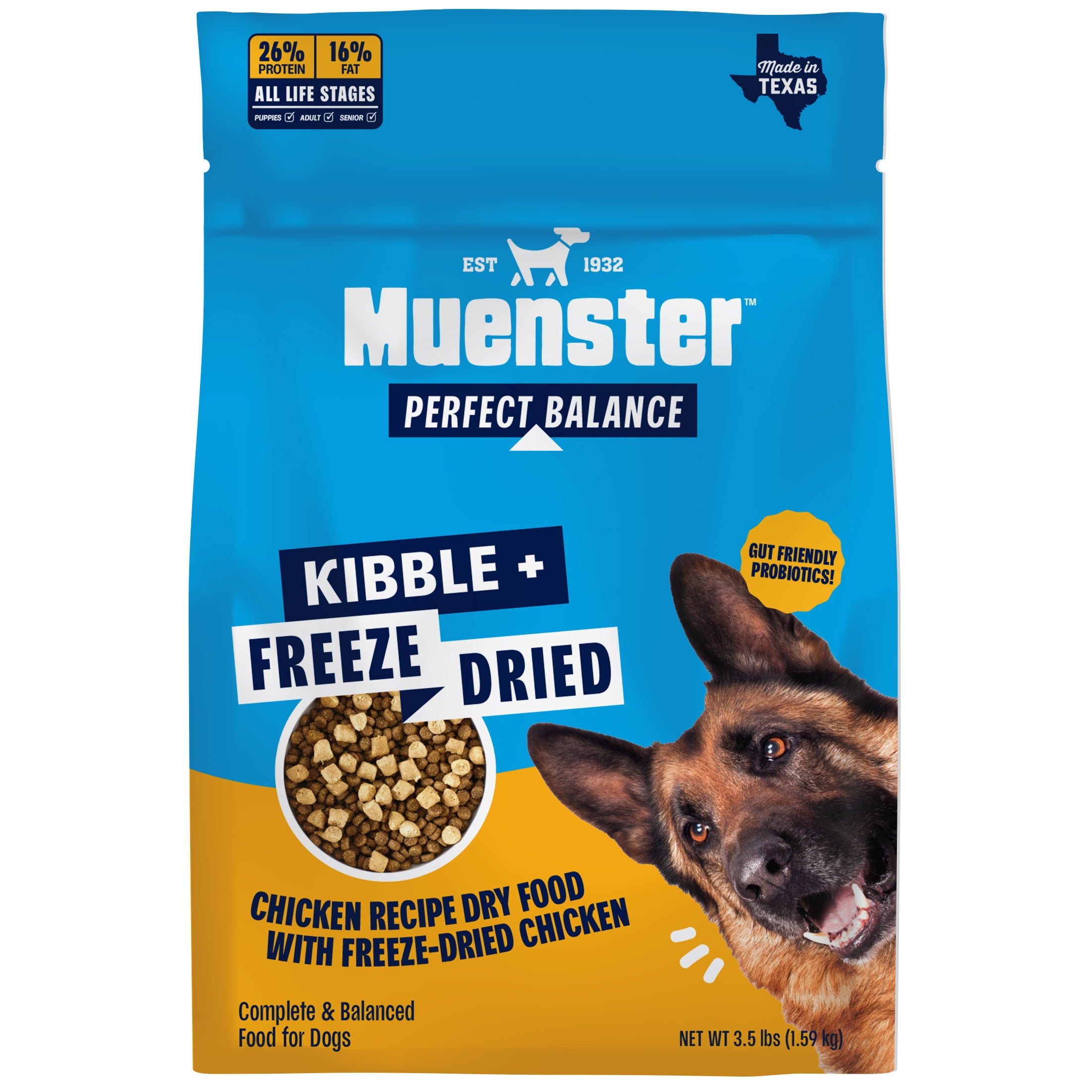 (4 pack) Muenster Perfect Balance Chicken Kibble and Chicken Bites Freeze Dried Dog Food, All Life Stages, 3.5 lb Bag