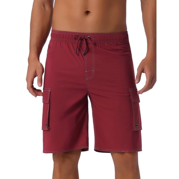 INSPIRAR CHIC Pantalones Cortos de Verano para Hombre con Cintura Ajustable, Color Sólido, Bolsillos Laterales, Forro, 36 Rojo