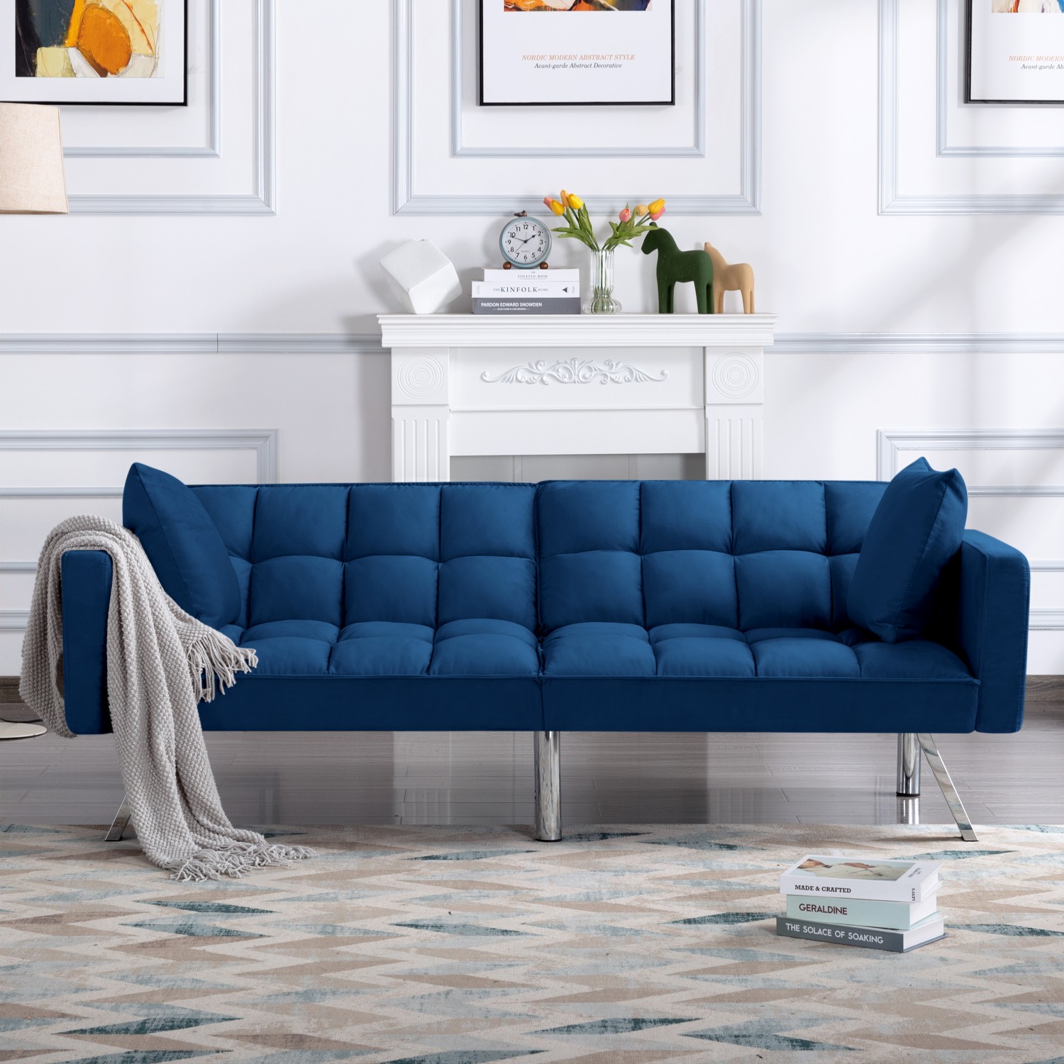 Gewnee 74"Velvet Upholstered Modern Convertible Futon, Adjustable Folding Sofa Bed, Guest Bed for Living Room, Bedroom, Apartment (Navy Blue)