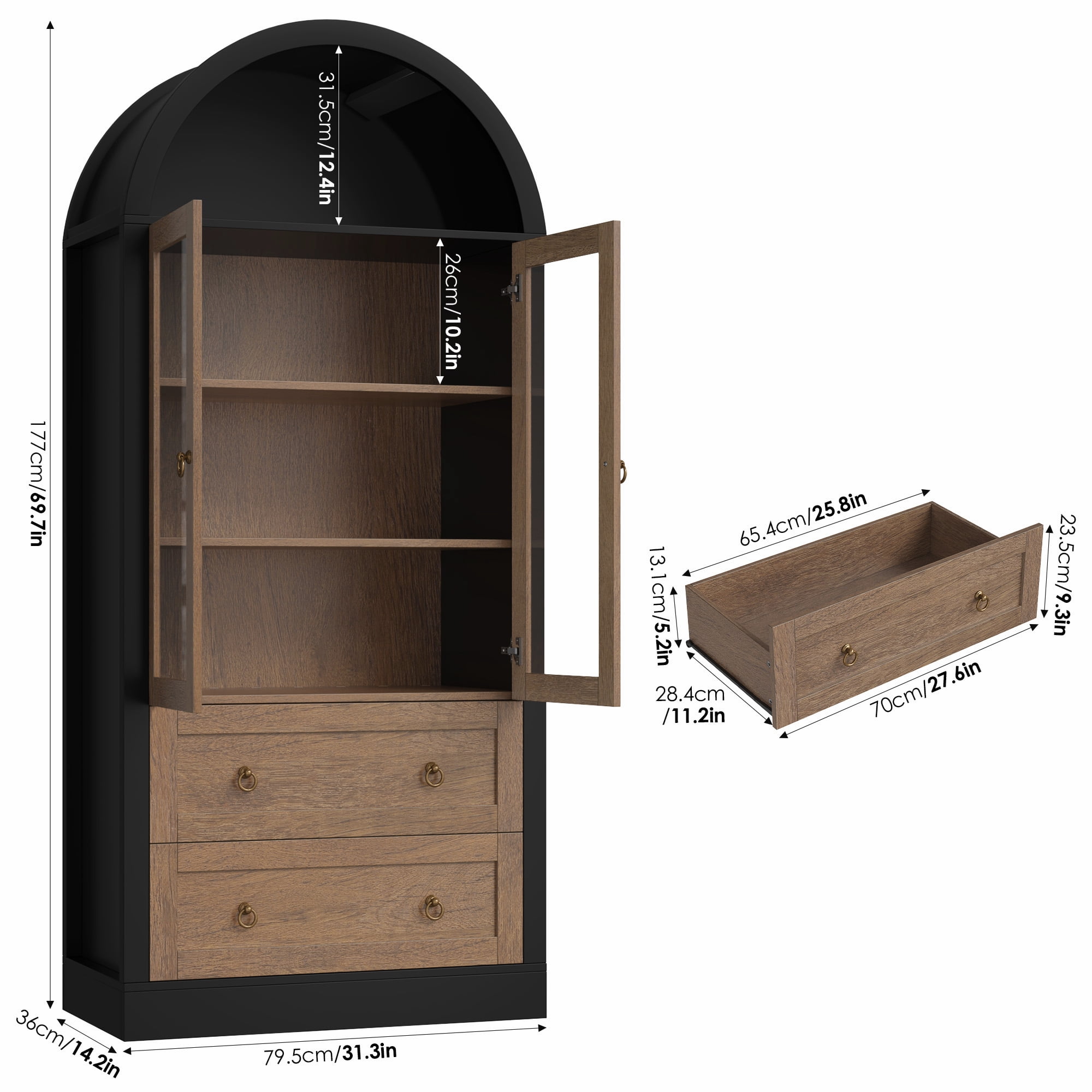 Hiphuta 70" Tall Arched Kitchen Pantry Storage Cabinet with Glass Doors, Freestanding Modern Farmhouse Hutch Cupboard with 2 Large Drawers, for Kitchen Dining Room, Black & Oak