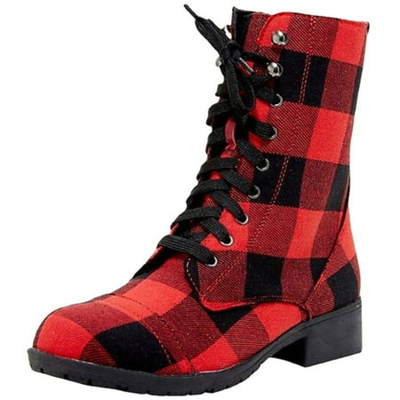 

asdoklhq Boots Under $15 Autumn Winter Black Red Plaid Round Head Middle Heel Middle Tube Boots with Lace-up and Side Zipper Women Boots