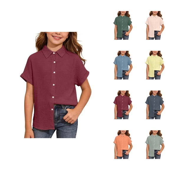 Girls Button Down Shirt Short Sleeve Collared Plain Casual Lightweight Dress Shirts (5-16y)