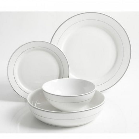 Meritage Classy 16 Peice Dinnerware Set, Double Bowl and Platinum Bands