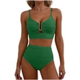 thumbnail image 2 of Minjewel Women's V-Neck Cutout High Waisted Bikini Two Piece Swimsuit,Textured Pleated Fabric with High Waist Bottoms,Sexy Beach Swimwear,Green,S, 2 of 6