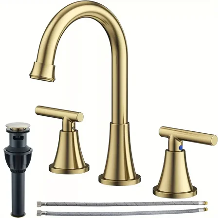 Brushed Gold Bathroom Sink Faucet 3Holes Widespread Vanity Mixer Taps with Drain
